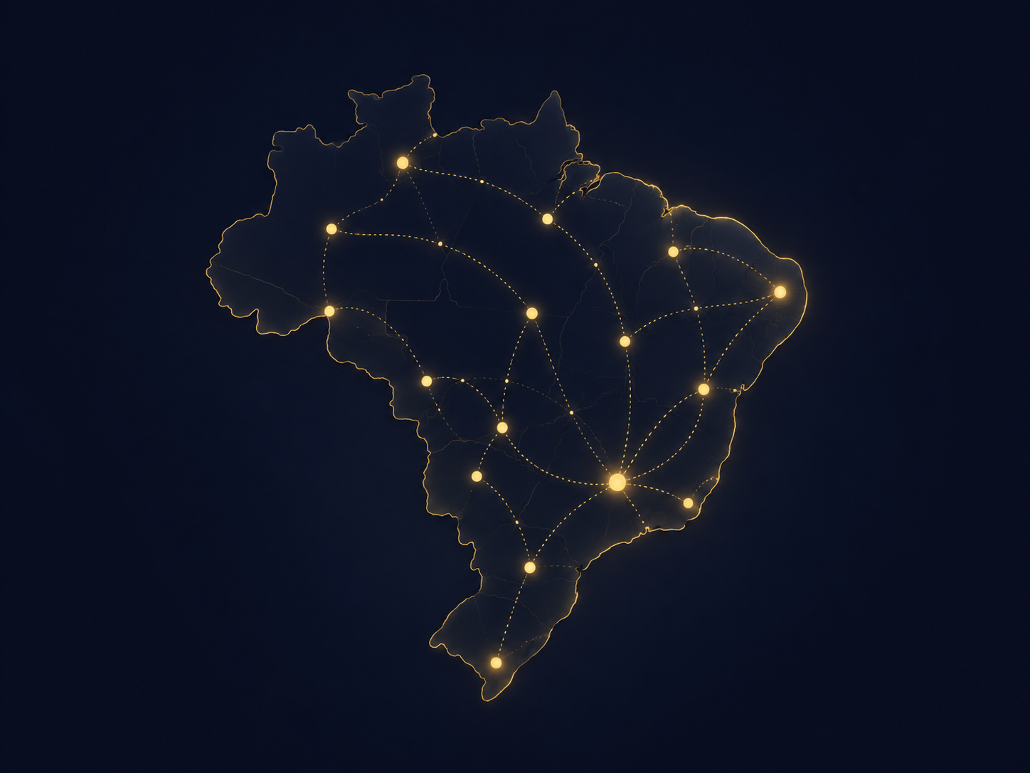 Mapa estilizado do Brasil com rotas conectando pontos de atendimento